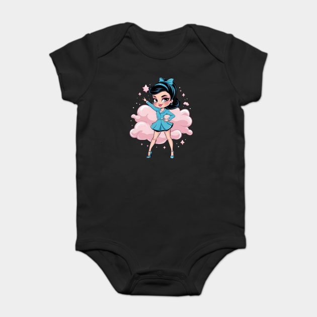 stylized cartoon  of Anime princess with large eyes, blue hair, and ballet attire, wearing a tiara Baby Bodysuit by animegirlnft